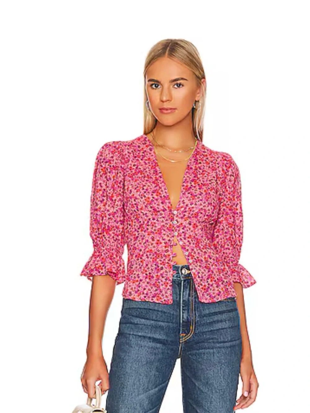 Free People I Found You Pink Floral Blouse L (Fits Smaller)